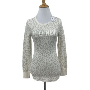 Old Navy Thermal Shirt Women XS Cream Leopard Print Waffle Knit Cuff Long Sleeve